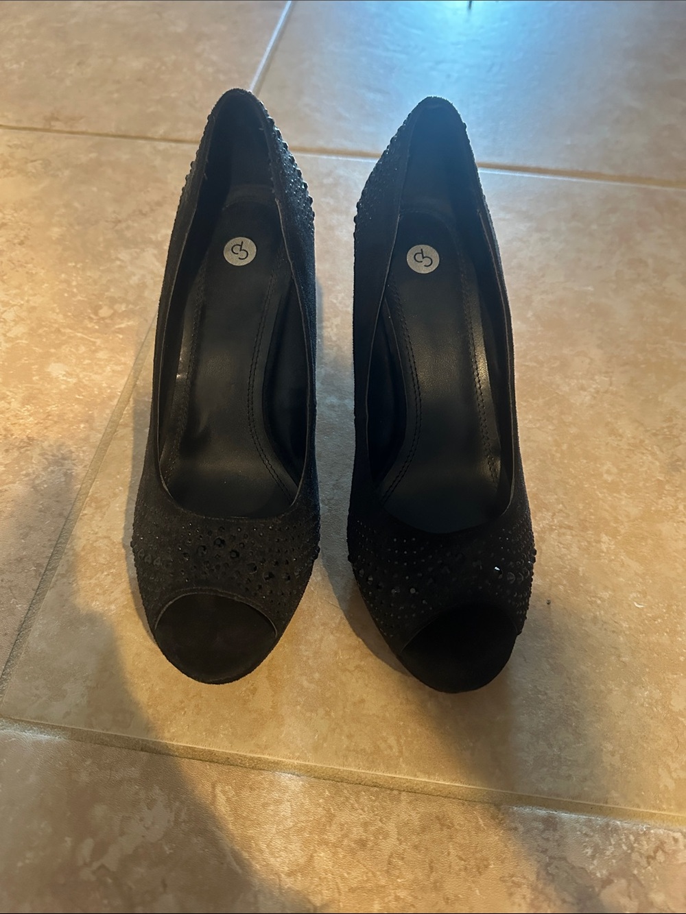 Women's Black Peep-Toe Embellished Heels